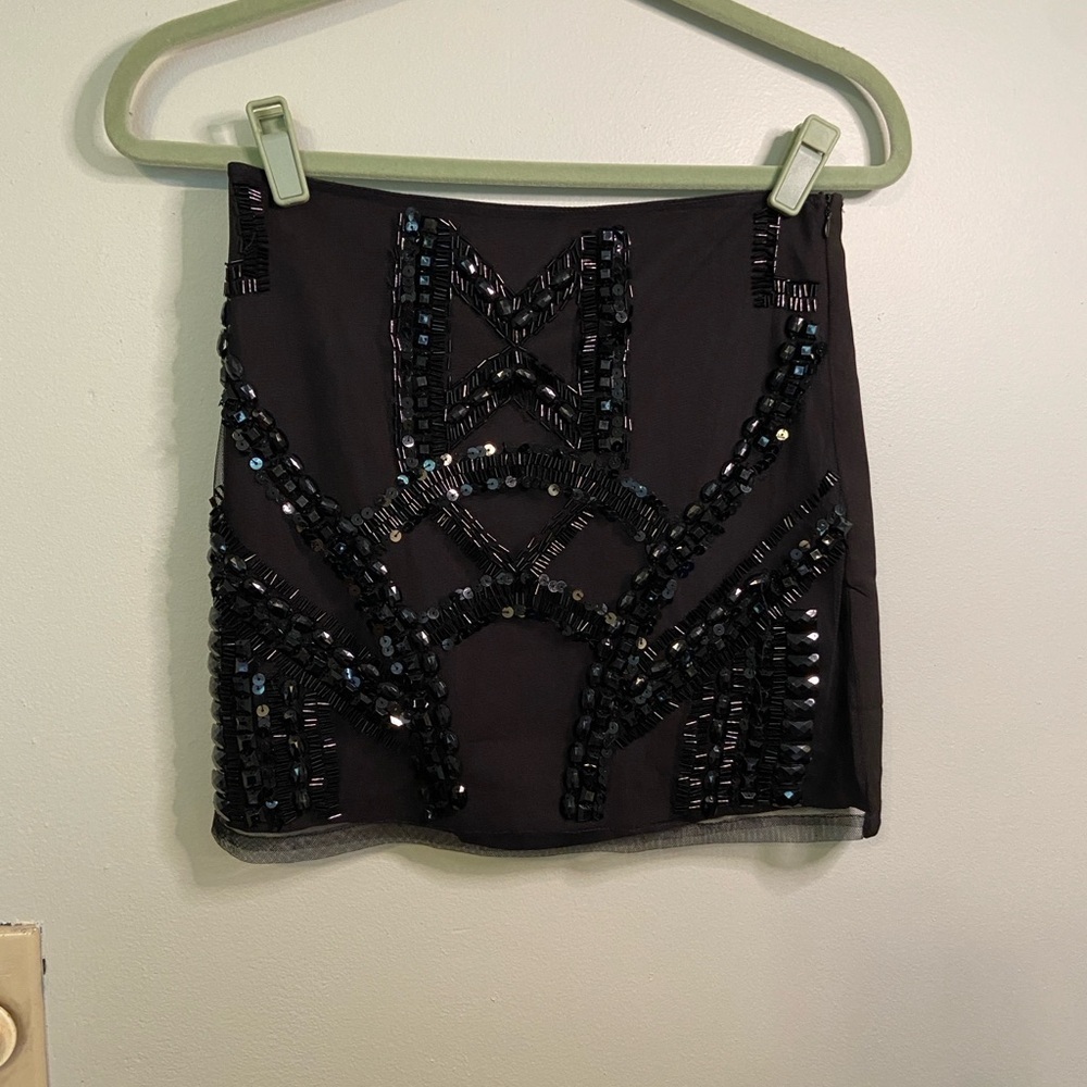 Dani Collection Designs Black Beaded Mini Skirt s lined, side zip